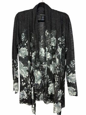 INC International Concepts Floral Open Front Cardigan Gray Lightweight Duster